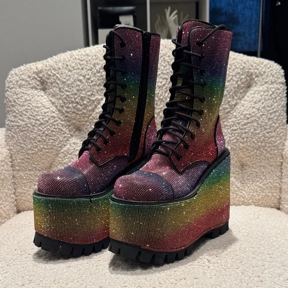 Stunning Multicolor Glitter Platform Boots - Picture 1 of 7